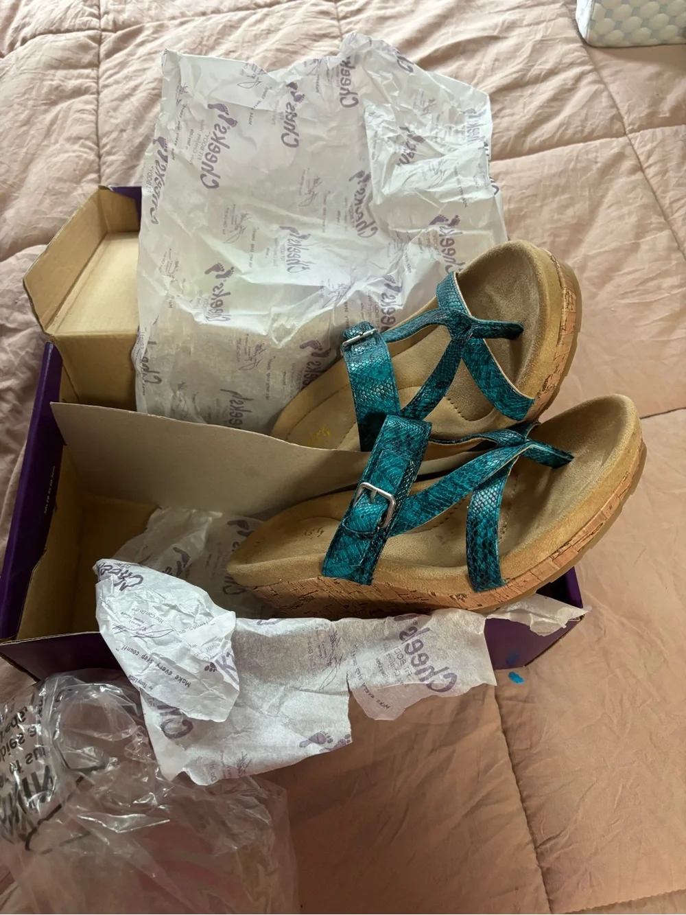 Teal Strappy Wedge Sandals with Buckle by Cherokee